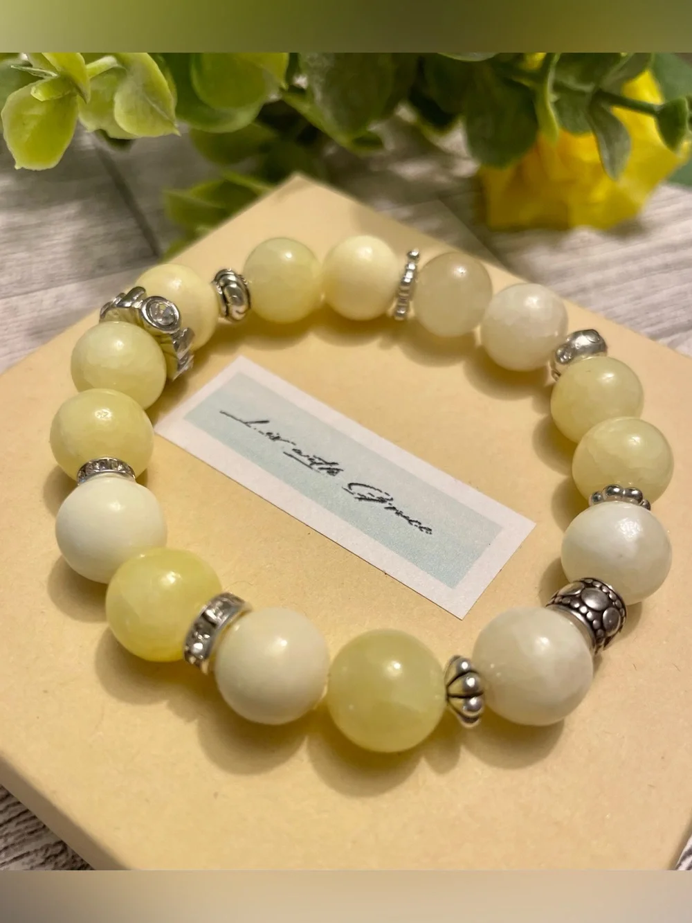 Yellow Quartz with Silver and CZ accents 10 mm stretch handmade butter yellow - Picture 2 of 5